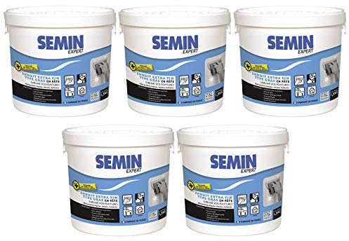 SEMIN Enduit de Lissage Extra Fin 5 X 1,5 kg – Type Gras Sans Solvants – Prêt à l’Emploi – Finition Ultra Lisse Avant Peinture – Intérieur/Extérieur – Qualité Professionnelle