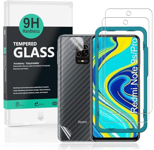 Ibywind Protector de Pantalla para Redmi Note 9S/9 Pro/9 Pro Max [2 Piezas],con Protector de Lente de Cámara,Atrás Pegatina Protectora Fibra de Carbono,Incluyendo Kit de instalación fácil