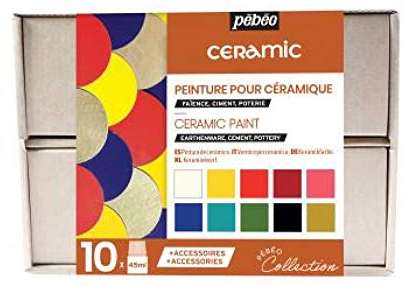 Pébéo 758451 Ceramic Collection Box Bemalen von Ton, Keramik und Steingut-10 x 45 ml Flaschen + 2 x 20 ml Relief Paste, Malzubehör, Kreativer Ratgeber, 450 Milliliter