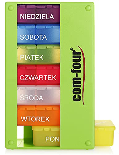 COM-FOUR® Distributeur de médicaments en POLONAIS - boîte de médicaments pour 7 jours - 3 compartiments - pilulier - boîte à comprimés - distributeur hebdomadaire pour le stockage [POLONAIS] (vert)