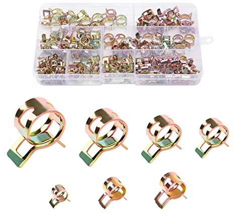 118Pcs Spring Hose Clamps, 7 Size Fuel Line Clips, 6-12mm Metal Fuel Line Clips, Water Pipe & Air Tube Clamps, Golden