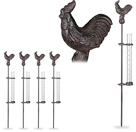 Relaxdays Pluviomètre, Lot de 5, décoration en métal, Outil pour l'extérieur, Coq, 17cm 7 Pouces, Piquet de Terre, Bronze, antigel