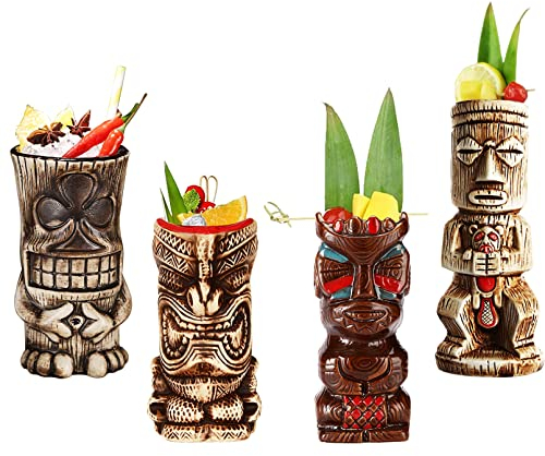 Vinbcorw Tiki-Tasse, Tiki-Becher, Cocktailglas, Cocktail-Set, Tiki-Bar-Keramik, Hawaiianische Party, sehr geeignet für Bar-Cocktail-Party-Friends Party-Geburtstag Party-Home-Dekoration,Natural