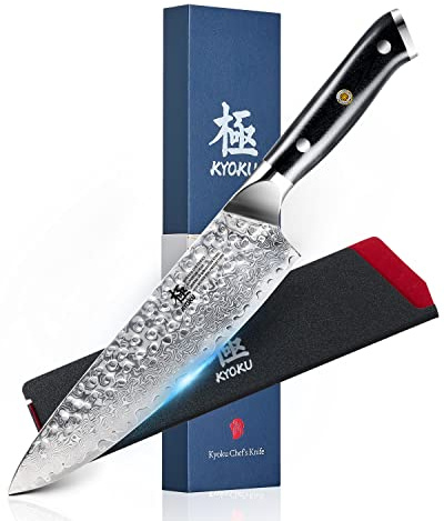KYOKU Gin Series Chef Knife, 8 All Purpose Kitchen Knife, Japanese VG10 Damascus Stainless Steel Knife with Silver Ion Blade G10 Handle Mosaic Pin, Professional Knife for Meat Fruit Vegetables