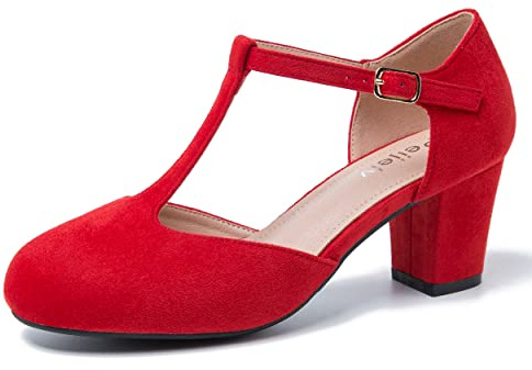 Peijely Damen T-Strap Mary Jane Pumps Blockabsatz Geschlossene Zehen Kleid Schuhe mit Schnalle, Rotes Wildleder, 42.5 EU