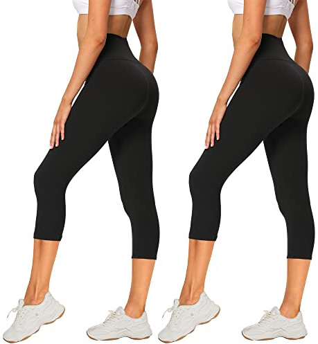 AMIYOYO Confezione da 2 leggings da donna a 3/4, a vita alta, opachi, corti, elasticizzati, per yoga, fitness, attività all'aria aperta e tempo libero, 2 leggings Capri neri, 48-54