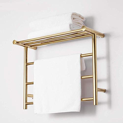 KLZUOPT Scaldasalviette Scaldasalviette, Scaldasalviette Scaldasalviette in Acciaio Inossidabile Scaldasalviette Elettrico A Parete con Ripiano, per Bagno, Oro, 3 Barre,Hardwire