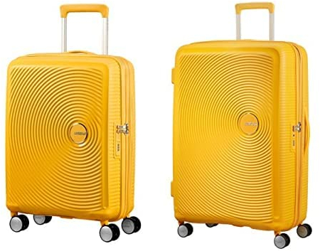 American Tourister Soundbox - Spinner S Erweiterbar Handgepäck, 55 cm, 41 L, Gelb (Golden Yellow)+Spinner L Erweiterbar Koffer, 77 cm, 110 L, Gelb (Golden Yellow)