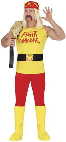 FIESTAS GUIRCA Fight Maniac Disfraz de carnaval para hombre – rojo y amarillo campeón luchador hombre disfraz carnaval talla M 48-50