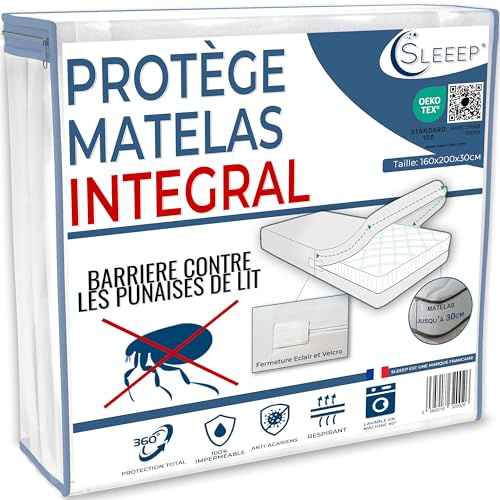 SLEEEP Matratzenschoner, 160 x 200 cm, Anti-Bettwanzen, mit Reißverschluss, wasserdichter Matratzenschutz, Integral, Ökotex – Hotelqualität