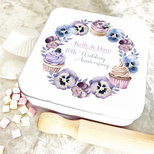 Square Cupcakes & Flowers 10th Wedding Anniversary Personalised Cake Tin Personalised Gift | Custom Gift | Personalized Tin | Cake, Biscuit & Treat Tins | Gift For Her | Gift For Him
