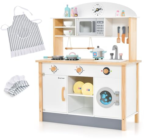 COSTWAY Kinderküche aus Holz, Spielküche inkl. 17 Zubehör, Spielzeugküche mit Mikrowelle, Waschmaschine, Waschbecker, Herde & Kochgeschirr, Holzküche für Kinder ab 3 Jahren