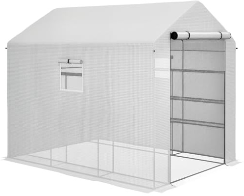 Outsunny 8' x 6' x 7' Walk-in Greenhouse, PE Cover, 4-Tier Shelves, Steel Frame Hot House, Roll-Up Zipper Door for Flowers, Vegetables, Saplings, Tropical Plants, White