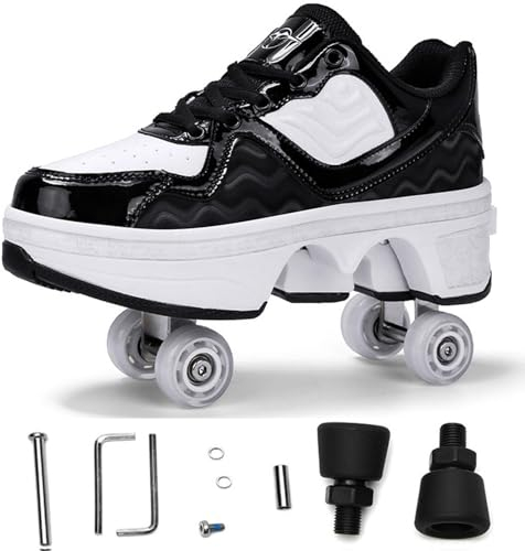 Outdoor Skates, Schuhe mit Rädern, Kick Roller Schuhe Skates Einziehbare Erwachsene,2 In 1 Parkour Schuhe, Skate Schuhe,Black-37