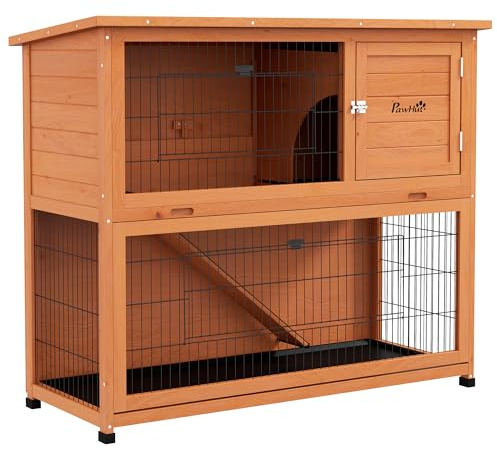PawHut Rabbit Hutch Guinea Pig Hutch Wooden with No-Leak Tray, Asphalt Roof, Base, Antiseptic Wood Outdoor for 1-2 Rabbits 120 x 50 x 102cm - Orange