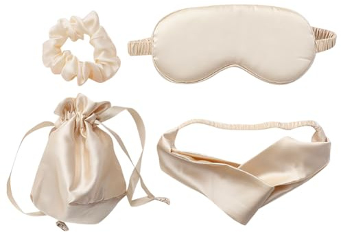 Lot de 4 masques de sommeil en soie artificielle avec bandeau et pochettes, masque doux pour les yeux, masque occultant pour dormir, mariage, demoiselle d'honneur, cadeau beige