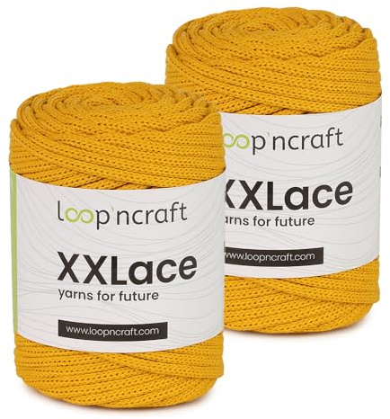 Makramee Garn 2er-Set Gelb, Loopncraft, 2 X 4mm - 65m - 250g, Kettengarn, XXLace Garn, Recycling Garn