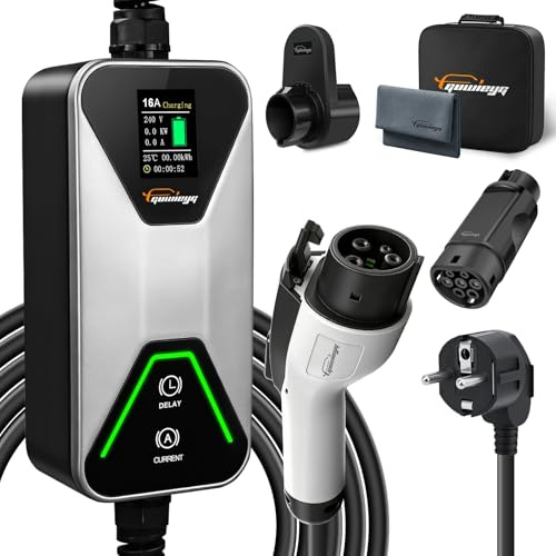 GUWIEYG Typ 1 Ladekabel Schuko 16A /3,5kW /5M, J1772 Tragbares Ladegerät | mit Typ 1 auf Typ 2 Adapter, Verstellbarer Strom 8A/10A/13A/16A,LED-Bildschirm,6h Verzögerungstimer, IP66