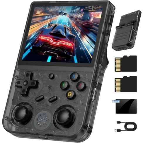 RG353VS Retro Gaming Console Handheld Game Console Linux System, 3.5 Inch IPS Screen Protector 64G TF Card, Preload 4452 Games RK3566 64bit Gaming Console 5G WiFi/4.2 Bluetooth(Black Transparent)
