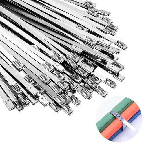 POPAPIE 50 Pcs Stainless Steel Cable Ties, 500 x 4.6 mm, Silver Metal Zip Ties, Multifunctional Metal Tie Wraps for Binding Cable, Garden Repair
