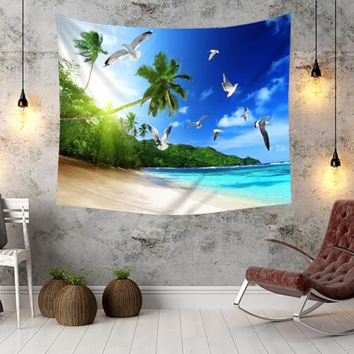 KnSam Telo da parete, 150 x 130 cm, motivo paesaggio naturale, gabbiano, noce di cocco, marina, in poliestere, accessorio per soggiorno, decorazione da parete, colore: blu e verde