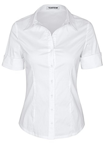 SUNNOW Womens Button Down Shirts Tailored Short Sleeve Shirt Basic Simple Stretch Wrinkle Free Formal Work Blouses White