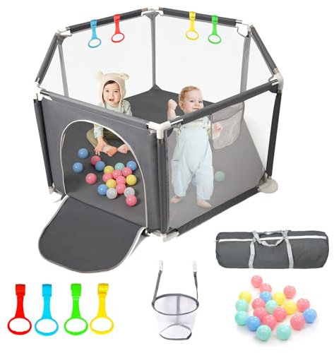 CHOLY Baby Playpen for Baby and Toddlers, Sturdy Six Sides Play Pen with Breathable Mesh, Kids Activity Play Fence for Indoor Outdoor with Travel Bag(Dark Grey)