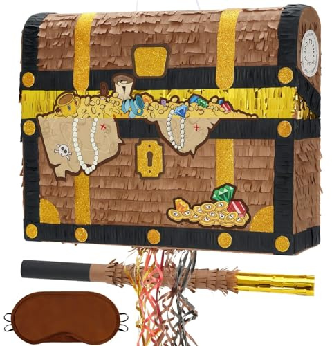 WERNNSAI Piñata de cofre del tesoro – Piñata de joyería pirata con venda para los ojos y palo para niños, decoración de fiesta de cumpleaños pirata, juego de fiesta de tesoro, caza, carnaval