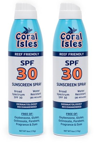 Coral Isles SPF 30 Sunscreen Spray - Hawaii Reef Safe Compliant - Oxybenzone & Octinoxate Free - Broad Spectrum UVA/UVB - Water & Sweat Resistant - 6 Fl Oz (Pack of 2)