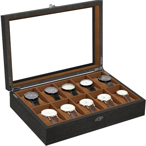 Uten Boîte à Montres 10 Compartiments, Coffret à montres en Bois, Couvercle en Verre, Coffret de Rangement pour Montres pour Hommes et Femmes, Coussinets Coton de Soie, Doublure Marron, Idée Cadeau