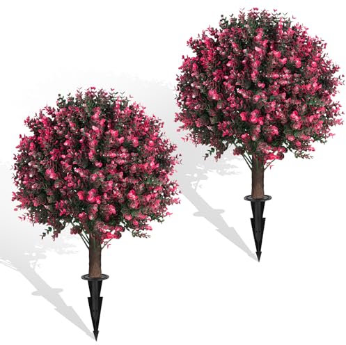 Alberi artificiali in legno di bosso da 58,4 cm, 2 confezioni di piante finte resistenti ai raggi UV con picchetto per interni ed esterni, cespuglio finto per porta d'ingresso, veranda, giardino e