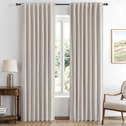 MIULEE 100% Blackout Linen Curtains for Bedroom, Ivory Solid Luxury Decor Thermal Insulation Room Darkening Drapes for Living Room Nursery Back Tab Rod Pocket 42 x 84 Inches, 2 Panels