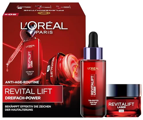 L'Oréal Paris Dreifach-Power Anti-Aging Set, Serum 30 ml und Tagescreme 50 ml, mit 3-fach Wirkung, gegen Falten, mit Pro-Retinol, Hyaluron und Vitamin C, Revitalift Laser, Amazon Exklusiv