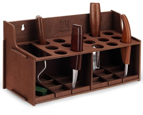 MLLNFUE Wood Carving Tools Organizer Holder,Storage for 16 Whittling Knives- Rack with 1 Large Grid, 15 Small Grids,Workshop Storage, Woodworking Tools Organizer, Vintage