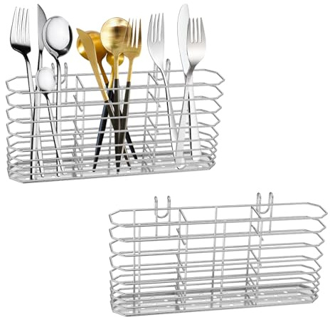 MENIBBLER 2Pcs Stainless Steel Cutlery Utensil Holder Kitchen Cutlery Hanging Basket with 3 Compartments Knife and Fork Drainage Rack with Hooks for Organize Countertops and Tableware Storage