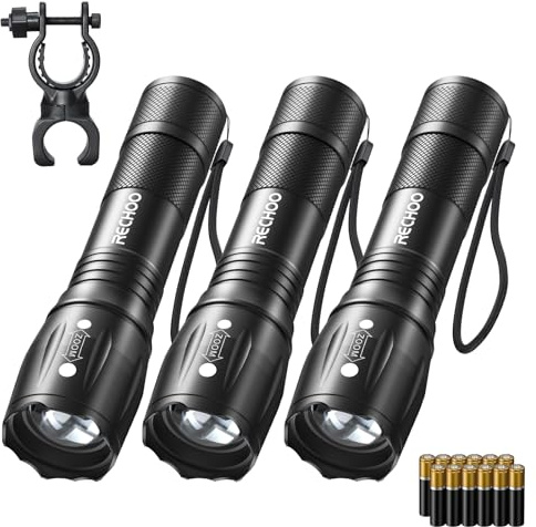 RECHOO LED Taschenlampe Batterie 3 Stück, 2000 Lumen Taschenlampe LED Extrem Hell mit 5 Modi, IP65 Wasserdicht, Zoombare Taktische Taschenlampe Aluminium Alloy für Camping, Outdoor, Wandern, Notfälle