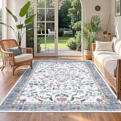 CAROMIO Washable Floral Rug 120x170 cm Low Pile Non-Slip Living Room Blue | Flower Area Rug for Bedroom Nursery Dining Room Office, Vintage Farmhouse Carpet, Distressed Boho, Easy to Clean, Ultra Thin