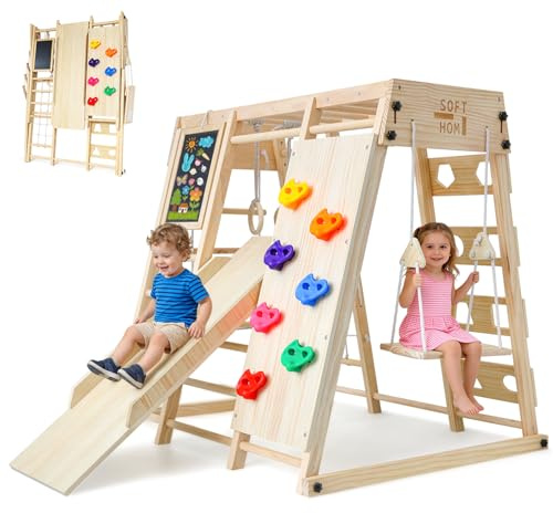 SOFTHOM Grande Estructura de Escalada de Interior Partir de 1 año, 10 en 1 Estructura de Escalada para Niños, Seguro Estable Parque Infantil Cubierto Madera, Pizarra, Balancearse, Muro de Escalada