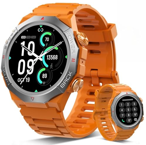 Militaire Montre Connectée Homme Femme avec Appel Bluetooth, 1.39 HD Smartwatch Motre Sport avec 110+ Modes Sportifs, Podometre Cardiofrequencemetre Sommeil, Etanche IP68 pour Android/iOS, Orange