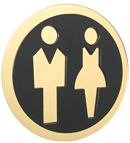 Panneau WC Homme Femme - Signalétique WC Mixte Pictogramme Toilette Adhésif pour Porte - Ø 150mm, Acrylique 3D, Noir + Miroir Or