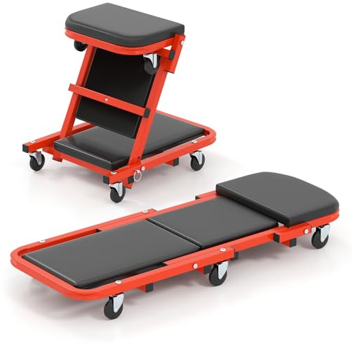 GYMAX Werkstatt Rollbrett bis 160 kg, 2 in 1 Faltbare Werkstattliege mit gepolstertem Sitz & 6 Rädern, Sitz- & Liegefunktion, schwerlastfähig Montagerollbrett, Werkstatthocker für Autorepar (Schwarz)
