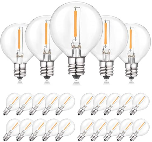 Spacelumen Lampadine LED G40 di ricambio, lampadine da 1 W con attacco E12/C7, lampadine Edison sferiche a luce bianca calda (2200 K) per ghirlande luminose da interno ed esterno 25 pezzi