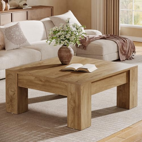Tribesigns Farmhouse Square Coffee Table, 39-Inch Wooden Coffee Table with Sturdy Legs, Rustic Accent Center Table for Living Room, Easy Assembly, Light Brown