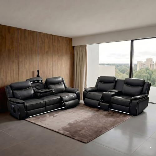 Pradaa Leather Electric Recliner Sofa Set With Cupholders – 3+2 Seater Sofa Set – LED Lights – Bluetooth Speakers – Cooling cupholders – USB and Type-C charging ports (3+2 Seater, Black)