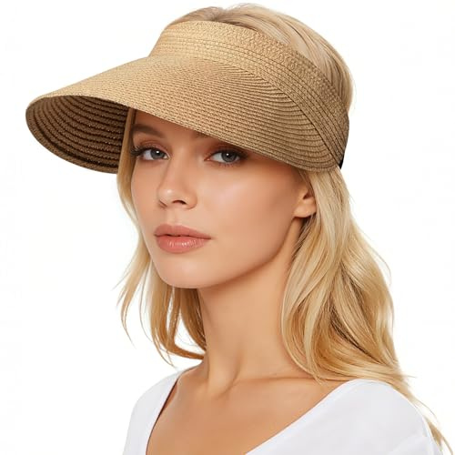 YEAMLTE Visiera Paglia Donna, Visiere Ripiegabili Cappelli, Visiera Donna, Spiaggia da Mancare UPF 80+, Visiera Donna da Sole, per Le Vacanze Estive al Mare, i Viaggi e i Picnic (Cachi)