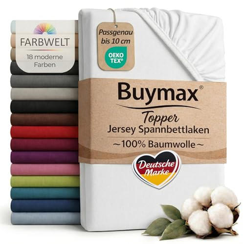 Buymax Jersey Spannbettlaken Topper 120x200 cm Weiß 100% Baumwolle – Spannbetttuch für Topper bis 10 cm Höhe, atmungsaktiv, elastisch, Perfekter Sitz, Oeko-TEX