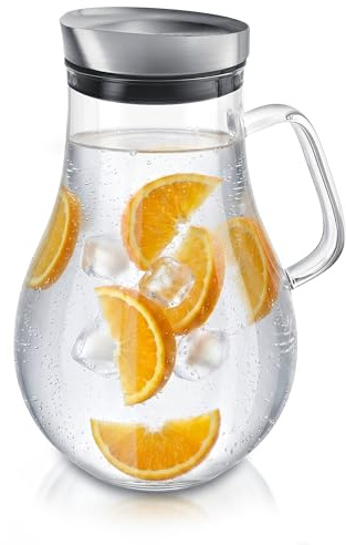 Arendo - Glaskaraffe 2000 ml, Karaffe aus Glas mit Deckel 2 L, Wasserkaraffe mit Edelstahldeckel und integriertem Grobfilter, Borosilikatglas, Haltegriff, Temperaturbereich –20 °C bis +150 °C