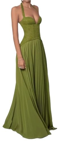 SNGUOQ Vestido Largo con Cuello Halter y corsé de Espina Pescado for Mujer, Vestido Verde Espalda Descubierta Hombros Descubiertos, Plisado corazón, Fiesta Ajustado para Fiestas Y Playas(XS)