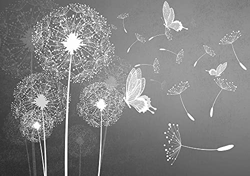 Forwall - Vlies Fototapete Blumen Grau Pusteblumen Schmetterlinge 368x254 cm - Fototapeten - Tapeten - für Wohnzimmer Schlafzimmer - Vliestapete Wandtapete Tapete 3D Effekt- inkl. Kleister