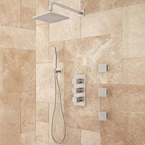 Signature Hardware 421821 Ryle Thermostatic Shower System with Hand Shower and 3 Body Sprays - Rough In Included - Brushed Nickel